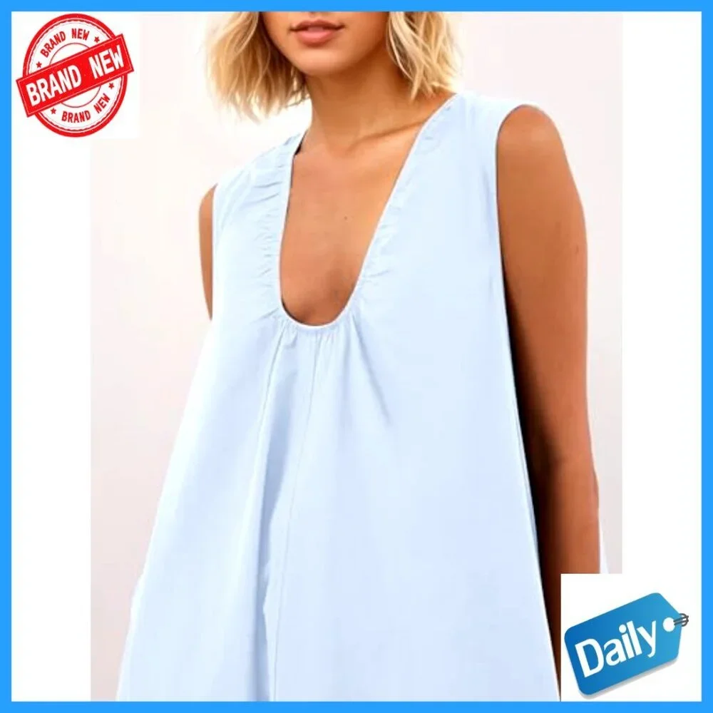 Cotton Maxi Dress Scoop Neck Ruched Side Pockets Swing Sundress - Picture 2 of 6